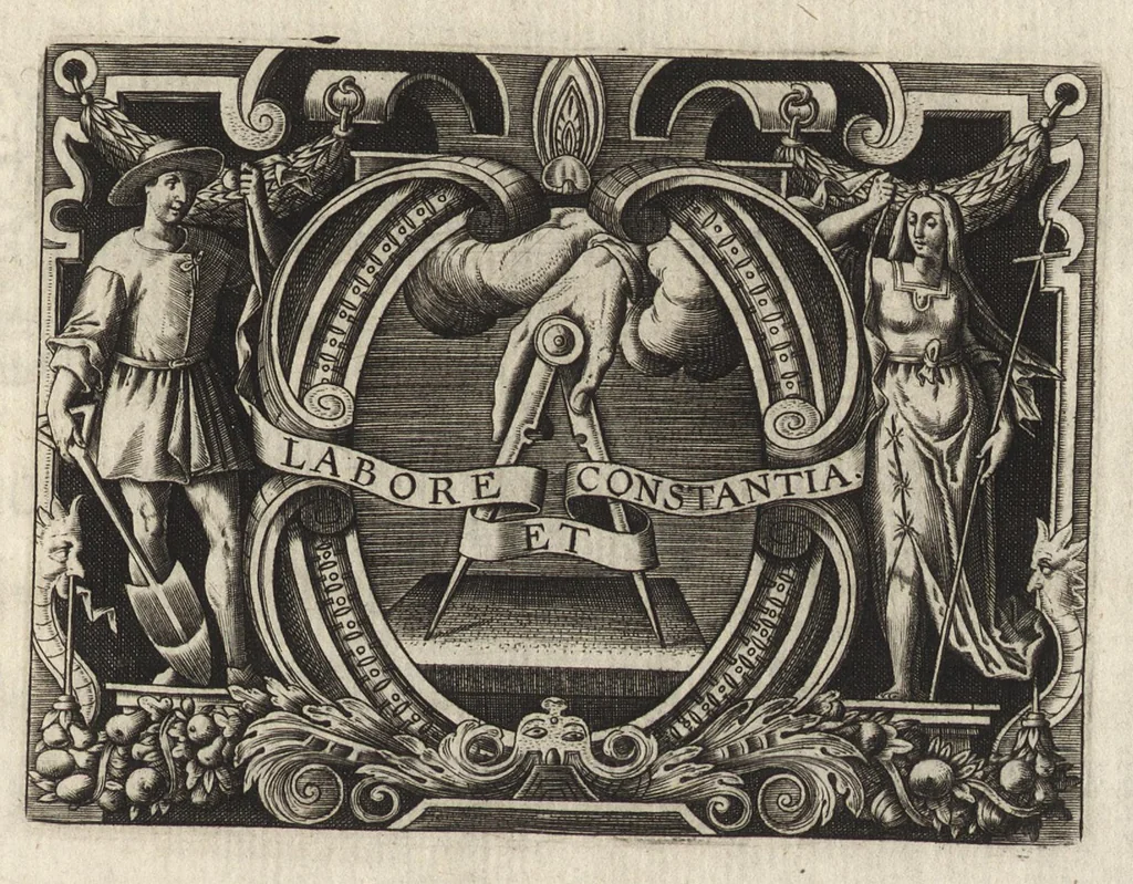 An illustration from Caroli ScribanI e Societate Iesu Origines Antuerpiensium, 1610, leaf 4