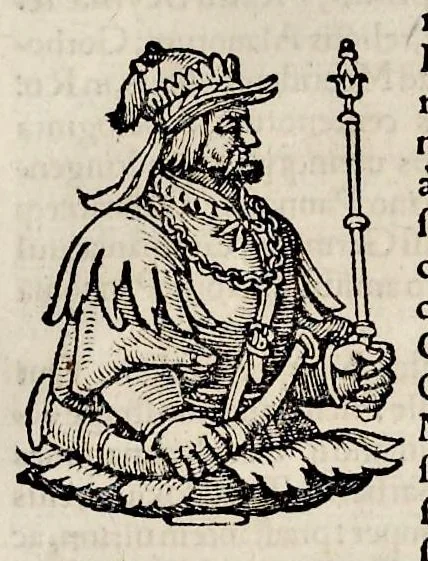An illustration from Catalogvs annorvm et principvm siue monarcharvm mvndi geminvs : plerisqve in locis obscvrioribus illustratus & in caelebrioribus locupletatus atq[ue] à mendis, recognitione diligenti repurgatus : cum accessione multorum aliorum quae in priori aeditione non continebantur, quemadmodum suis locis toto libro uidere licebit, ab homine condito, usq[ue] in praesentem, à nato Christo, millesimum quingentesimum & quinquagesimum annum deductus & continuatus, 1550, leaf 136