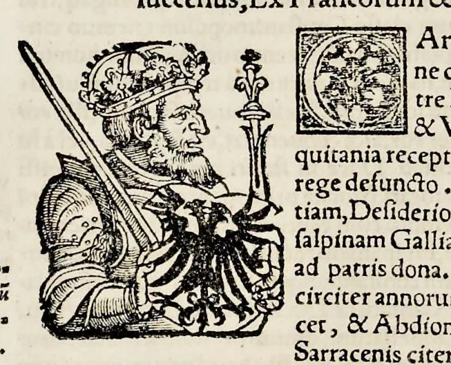An illustration from Catalogvs annorvm et principvm siue monarcharvm mvndi geminvs : plerisqve in locis obscvrioribus illustratus & in caelebrioribus locupletatus atq[ue] à mendis, recognitione diligenti repurgatus : cum accessione multorum aliorum quae in priori aeditione non continebantur, quemadmodum suis locis toto libro uidere licebit, ab homine condito, usq[ue] in praesentem, à nato Christo, millesimum quingentesimum & quinquagesimum annum deductus & continuatus, 1550, leaf 153