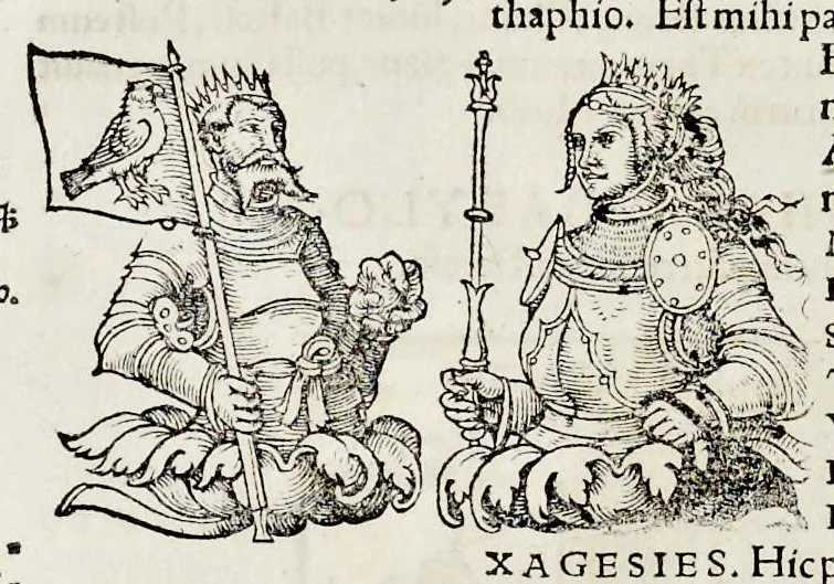An illustration from Catalogvs annorvm et principvm siue monarcharvm mvndi geminvs : plerisqve in locis obscvrioribus illustratus & in caelebrioribus locupletatus atq[ue] à mendis, recognitione diligenti repurgatus : cum accessione multorum aliorum quae in priori aeditione non continebantur, quemadmodum suis locis toto libro uidere licebit, ab homine condito, usq[ue] in praesentem, à nato Christo, millesimum quingentesimum & quinquagesimum annum deductus & continuatus, 1550, leaf 33
