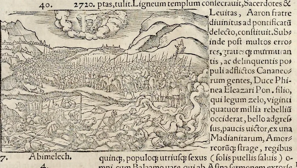 An illustration from Catalogvs annorvm et principvm siue monarcharvm mvndi geminvs : plerisqve in locis obscvrioribus illustratus & in caelebrioribus locupletatus atq[ue] à mendis, recognitione diligenti repurgatus : cum accessione multorum aliorum quae in priori aeditione non continebantur, quemadmodum suis locis toto libro uidere licebit, ab homine condito, usq[ue] in praesentem, à nato Christo, millesimum quingentesimum & quinquagesimum annum deductus & continuatus, 1550, leaf 36