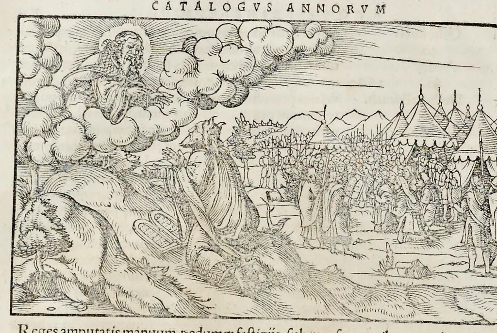 An illustration from Catalogvs annorvm et principvm siue monarcharvm mvndi geminvs : plerisqve in locis obscvrioribus illustratus & in caelebrioribus locupletatus atq[ue] à mendis, recognitione diligenti repurgatus : cum accessione multorum aliorum quae in priori aeditione non continebantur, quemadmodum suis locis toto libro uidere licebit, ab homine condito, usq[ue] in praesentem, à nato Christo, millesimum quingentesimum & quinquagesimum annum deductus & continuatus, 1550, leaf 37