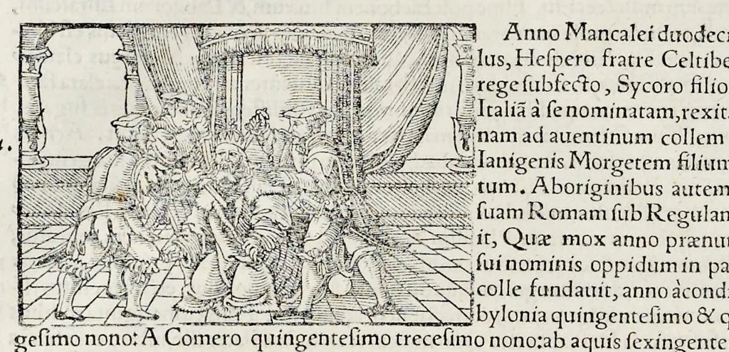 An illustration from Catalogvs annorvm et principvm siue monarcharvm mvndi geminvs : plerisqve in locis obscvrioribus illustratus & in caelebrioribus locupletatus atq[ue] à mendis, recognitione diligenti repurgatus : cum accessione multorum aliorum quae in priori aeditione non continebantur, quemadmodum suis locis toto libro uidere licebit, ab homine condito, usq[ue] in praesentem, à nato Christo, millesimum quingentesimum & quinquagesimum annum deductus & continuatus, 1550, leaf 39