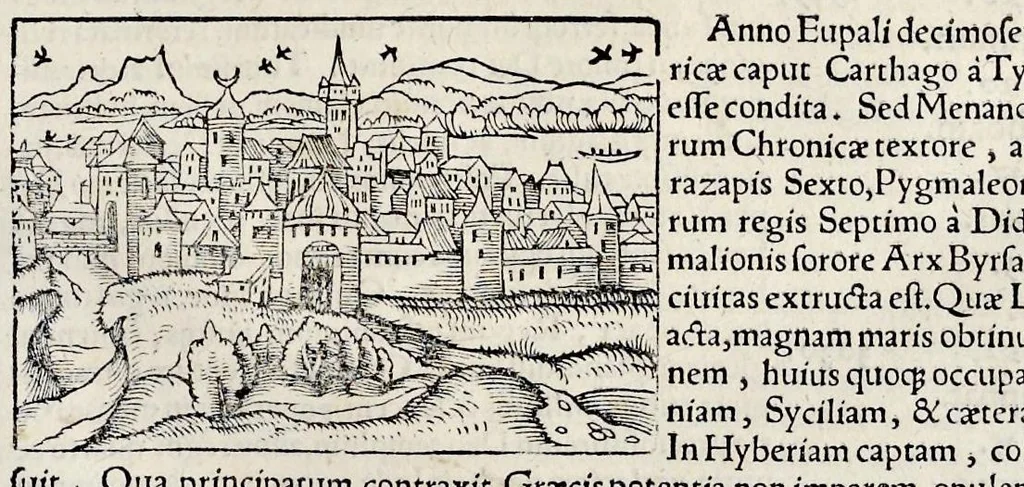 An illustration from Catalogvs annorvm et principvm siue monarcharvm mvndi geminvs : plerisqve in locis obscvrioribus illustratus & in caelebrioribus locupletatus atq[ue] à mendis, recognitione diligenti repurgatus : cum accessione multorum aliorum quae in priori aeditione non continebantur, quemadmodum suis locis toto libro uidere licebit, ab homine condito, usq[ue] in praesentem, à nato Christo, millesimum quingentesimum & quinquagesimum annum deductus & continuatus, 1550, leaf 42