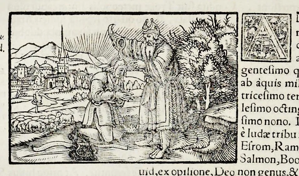 An illustration from Catalogvs annorvm et principvm siue monarcharvm mvndi geminvs : plerisqve in locis obscvrioribus illustratus & in caelebrioribus locupletatus atq[ue] à mendis, recognitione diligenti repurgatus : cum accessione multorum aliorum quae in priori aeditione non continebantur, quemadmodum suis locis toto libro uidere licebit, ab homine condito, usq[ue] in praesentem, à nato Christo, millesimum quingentesimum & quinquagesimum annum deductus & continuatus, 1550, leaf 43