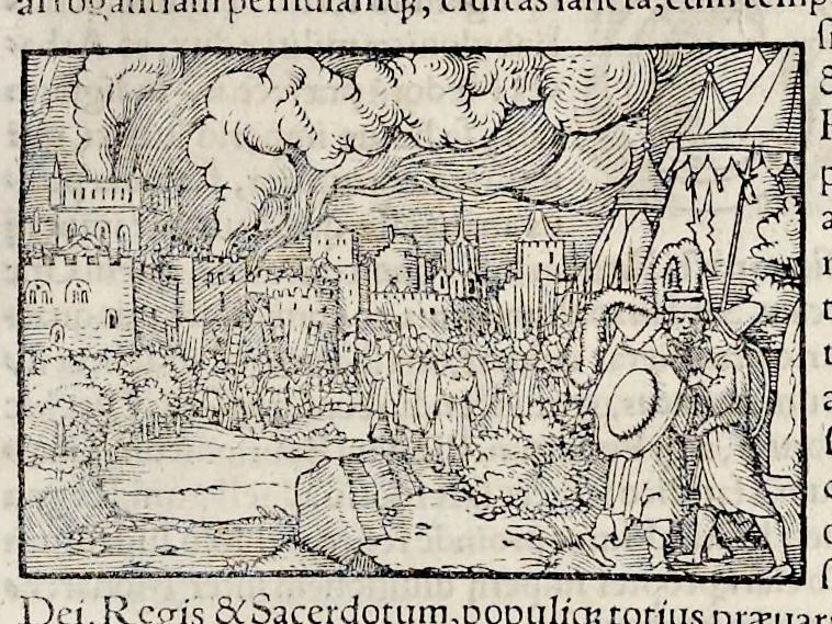 An illustration from Catalogvs annorvm et principvm siue monarcharvm mvndi geminvs : plerisqve in locis obscvrioribus illustratus & in caelebrioribus locupletatus atq[ue] à mendis, recognitione diligenti repurgatus : cum accessione multorum aliorum quae in priori aeditione non continebantur, quemadmodum suis locis toto libro uidere licebit, ab homine condito, usq[ue] in praesentem, à nato Christo, millesimum quingentesimum & quinquagesimum annum deductus & continuatus, 1550, leaf 46