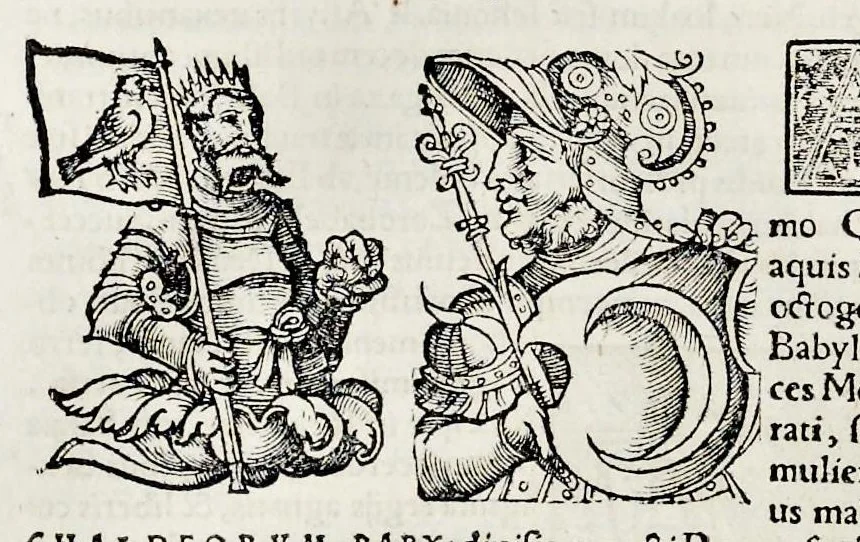 An illustration from Catalogvs annorvm et principvm siue monarcharvm mvndi geminvs : plerisqve in locis obscvrioribus illustratus & in caelebrioribus locupletatus atq[ue] à mendis, recognitione diligenti repurgatus : cum accessione multorum aliorum quae in priori aeditione non continebantur, quemadmodum suis locis toto libro uidere licebit, ab homine condito, usq[ue] in praesentem, à nato Christo, millesimum quingentesimum & quinquagesimum annum deductus & continuatus, 1550, leaf 47