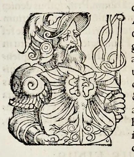 An illustration from Catalogvs annorvm et principvm siue monarcharvm mvndi geminvs : plerisqve in locis obscvrioribus illustratus & in caelebrioribus locupletatus atq[ue] à mendis, recognitione diligenti repurgatus : cum accessione multorum aliorum quae in priori aeditione non continebantur, quemadmodum suis locis toto libro uidere licebit, ab homine condito, usq[ue] in praesentem, à nato Christo, millesimum quingentesimum & quinquagesimum annum deductus & continuatus, 1550, leaf 55