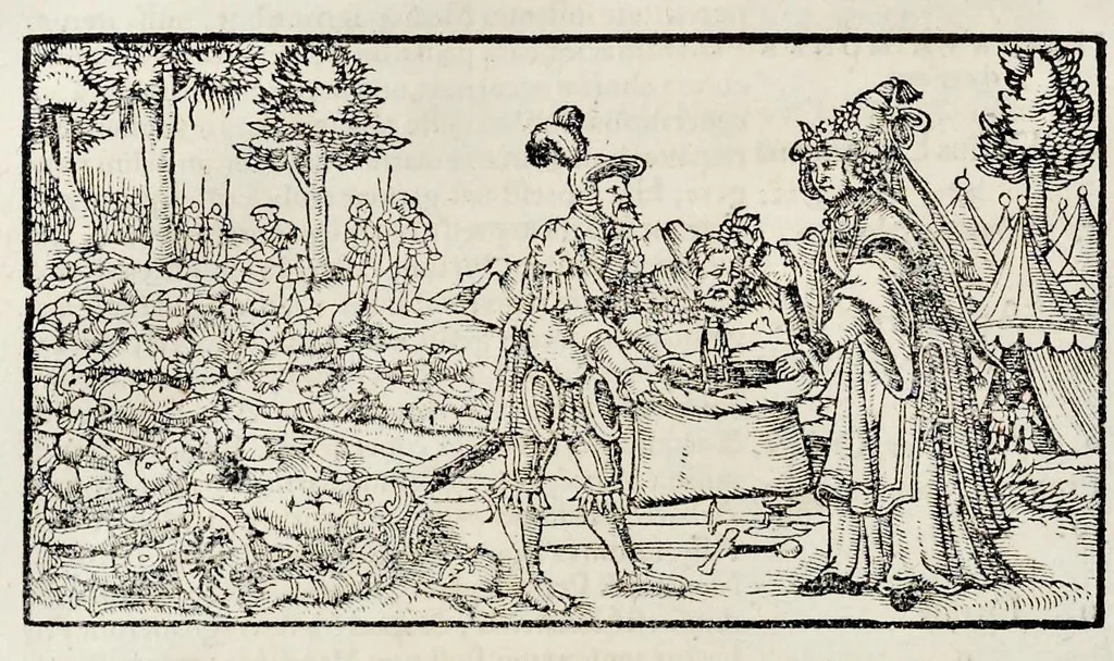 An illustration from Catalogvs annorvm et principvm siue monarcharvm mvndi geminvs : plerisqve in locis obscvrioribus illustratus & in caelebrioribus locupletatus atq[ue] à mendis, recognitione diligenti repurgatus : cum accessione multorum aliorum quae in priori aeditione non continebantur, quemadmodum suis locis toto libro uidere licebit, ab homine condito, usq[ue] in praesentem, à nato Christo, millesimum quingentesimum & quinquagesimum annum deductus & continuatus, 1550, leaf 57