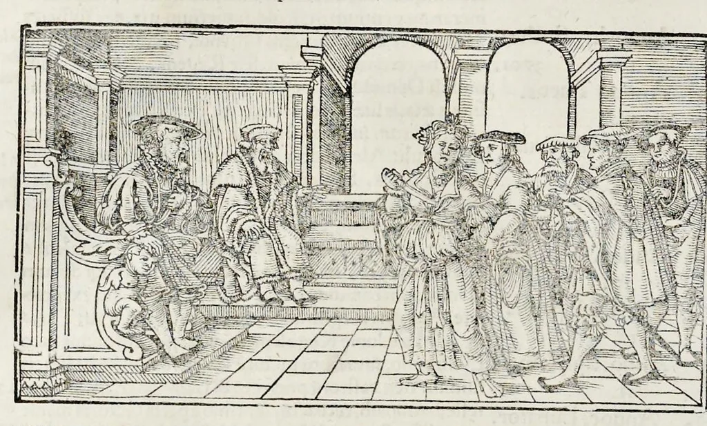 An illustration from Catalogvs annorvm et principvm siue monarcharvm mvndi geminvs : plerisqve in locis obscvrioribus illustratus & in caelebrioribus locupletatus atq[ue] à mendis, recognitione diligenti repurgatus : cum accessione multorum aliorum quae in priori aeditione non continebantur, quemadmodum suis locis toto libro uidere licebit, ab homine condito, usq[ue] in praesentem, à nato Christo, millesimum quingentesimum & quinquagesimum annum deductus & continuatus, 1550, leaf 61