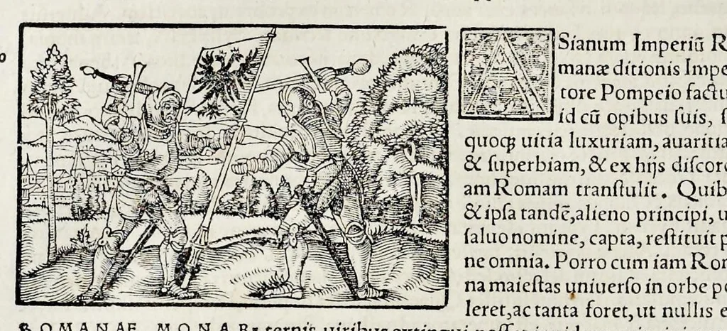 An illustration from Catalogvs annorvm et principvm siue monarcharvm mvndi geminvs : plerisqve in locis obscvrioribus illustratus & in caelebrioribus locupletatus atq[ue] à mendis, recognitione diligenti repurgatus : cum accessione multorum aliorum quae in priori aeditione non continebantur, quemadmodum suis locis toto libro uidere licebit, ab homine condito, usq[ue] in praesentem, à nato Christo, millesimum quingentesimum & quinquagesimum annum deductus & continuatus, 1550, leaf 67