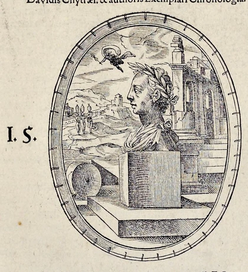 An illustration from Libri qvatvor De scrvpvlis chronologor[vm] : in qvibvs non solvm calculus sacrae scripturae cum serie quatuor monarchiarum, & Olympiadibus Graecorum, atq[ue] annis ab Vrbe Roma condita pulcherrima harmonia conciliatur ..., 1575, leaf 2