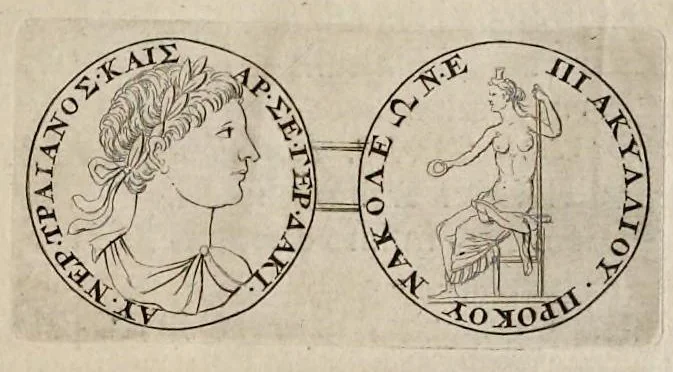 An illustration from Numismata imperatorum, Augustarum et Caesarum, a populis, Romanae ditionis, graecè loquentibus, ex omni modulo percussa ..., 1700, leaf 44