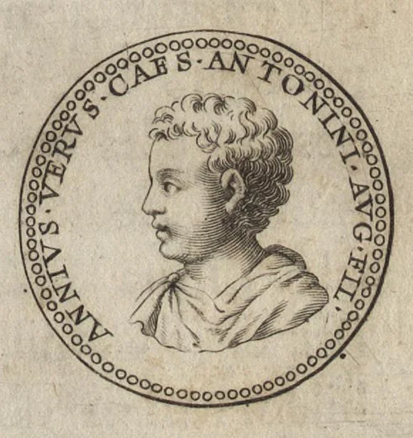 An illustration from Selecti nummi duo Antoniniani, quorum primus anni noui auspicia, alter Commodum et Annium Verum caesares exhibet : ex bibliotheca eminentisss. principis Camilli Cardinalis Maximi, 1676, leaf 42