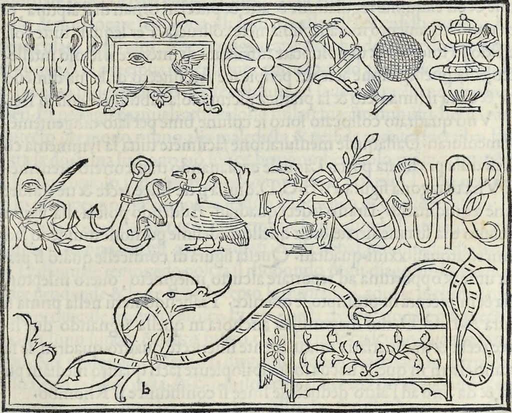 An illustration from La Hypnerotomachia di Poliphilo : cioè pvgna d'amore in sogno, dov'egli mostra, che tvtte le cose hvmane non sono altro che sogno, & doue narra molt'altre cose degne di cognitione, 1545, leaf 44