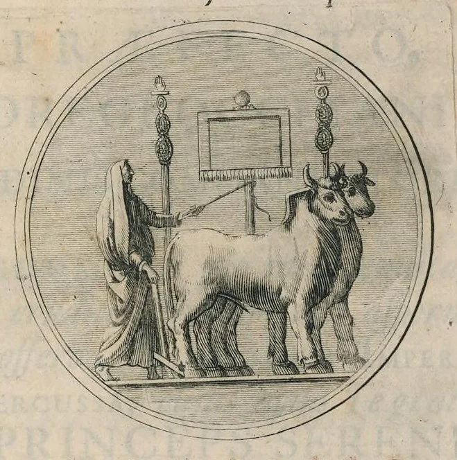 An illustration from Numismata aerea imperatorum, augustarum, et caesarum, in coloniis, municilpiis, et urbibus jure latio donatis : ex omni modulo percussa : pars prima [-altera], 1695, leaf 6