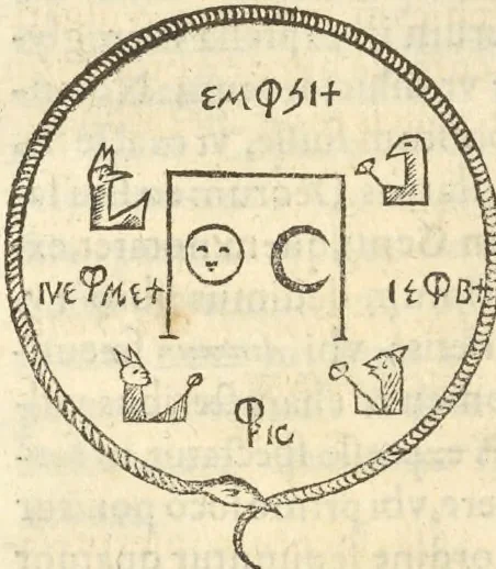 An illustration from Athanasii Kircheri e Soc. Iesu Obeliscus Pamphilius, hoc est, Interpretatio noua & hucusque intentata obelisci hieroglyphici quem non ita pridem ex veteri hippodromo Antonini Caracallae Caesaris, in agonale forum transtulit, integritati restituit & in Vbis Aeternae ornamentum erexit Innocentius X. Pont. Max. : in quo post varia Aegyptiacae, Chaldaicae, Hebraicae, Graecanicae antiquitatis doctrinaeque qua sacrae, qua profanae monumenta, veterum tandem theologia, hieroglyphicis inuoluta symbolis, detecta e tenebris in lucem asseritur, 1650, leaf 223
