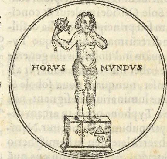 An illustration from Athanasii Kircheri e Soc. Iesu Obeliscus Pamphilius, hoc est, Interpretatio noua & hucusque intentata obelisci hieroglyphici quem non ita pridem ex veteri hippodromo Antonini Caracallae Caesaris, in agonale forum transtulit, integritati restituit & in Vbis Aeternae ornamentum erexit Innocentius X. Pont. Max. : in quo post varia Aegyptiacae, Chaldaicae, Hebraicae, Graecanicae antiquitatis doctrinaeque qua sacrae, qua profanae monumenta, veterum tandem theologia, hieroglyphicis inuoluta symbolis, detecta e tenebris in lucem asseritur, 1650, leaf 279