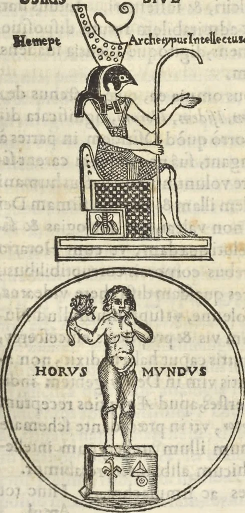 An illustration from Athanasii Kircheri e Soc. Iesu Obeliscus Pamphilius, hoc est, Interpretatio noua & hucusque intentata obelisci hieroglyphici quem non ita pridem ex veteri hippodromo Antonini Caracallae Caesaris, in agonale forum transtulit, integritati restituit & in Vbis Aeternae ornamentum erexit Innocentius X. Pont. Max. : in quo post varia Aegyptiacae, Chaldaicae, Hebraicae, Graecanicae antiquitatis doctrinaeque qua sacrae, qua profanae monumenta, veterum tandem theologia, hieroglyphicis inuoluta symbolis, detecta e tenebris in lucem asseritur, 1650, leaf 288