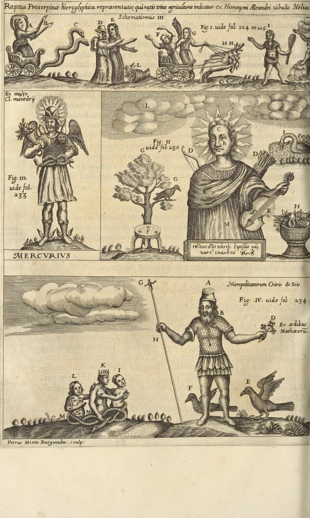 An illustration from Athanasii Kircheri e Soc. Iesu Obeliscus Pamphilius, hoc est, Interpretatio noua & hucusque intentata obelisci hieroglyphici quem non ita pridem ex veteri hippodromo Antonini Caracallae Caesaris, in agonale forum transtulit, integritati restituit & in Vbis Aeternae ornamentum erexit Innocentius X. Pont. Max. : in quo post varia Aegyptiacae, Chaldaicae, Hebraicae, Graecanicae antiquitatis doctrinaeque qua sacrae, qua profanae monumenta, veterum tandem theologia, hieroglyphicis inuoluta symbolis, detecta e tenebris in lucem asseritur, 1650, leaf 301