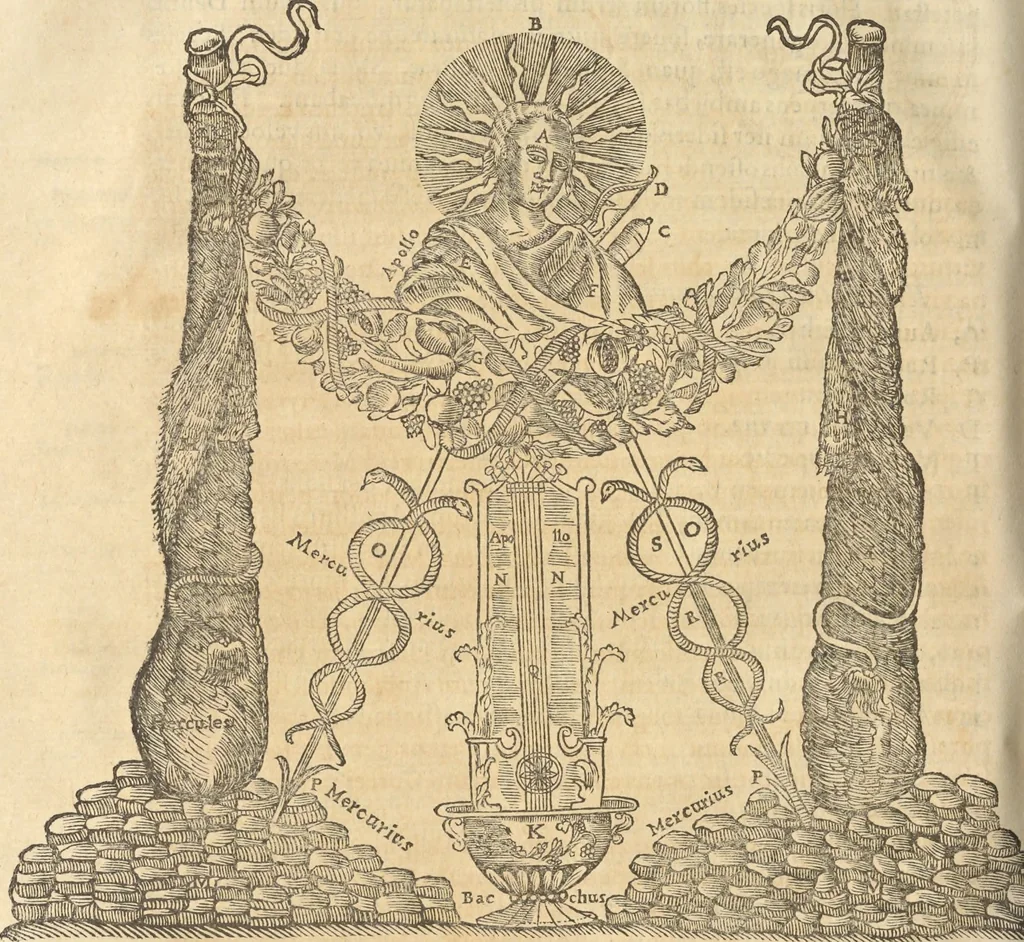 An illustration from Athanasii Kircheri e Soc. Iesu Obeliscus Pamphilius, hoc est, Interpretatio noua & hucusque intentata obelisci hieroglyphici quem non ita pridem ex veteri hippodromo Antonini Caracallae Caesaris, in agonale forum transtulit, integritati restituit & in Vbis Aeternae ornamentum erexit Innocentius X. Pont. Max. : in quo post varia Aegyptiacae, Chaldaicae, Hebraicae, Graecanicae antiquitatis doctrinaeque qua sacrae, qua profanae monumenta, veterum tandem theologia, hieroglyphicis inuoluta symbolis, detecta e tenebris in lucem asseritur, 1650, leaf 311