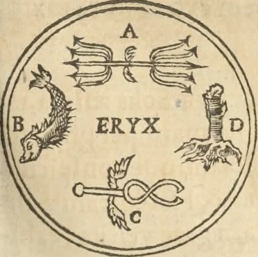 An illustration from Athanasii Kircheri e Soc. Iesu Obeliscus Pamphilius, hoc est, Interpretatio noua & hucusque intentata obelisci hieroglyphici quem non ita pridem ex veteri hippodromo Antonini Caracallae Caesaris, in agonale forum transtulit, integritati restituit & in Vbis Aeternae ornamentum erexit Innocentius X. Pont. Max. : in quo post varia Aegyptiacae, Chaldaicae, Hebraicae, Graecanicae antiquitatis doctrinaeque qua sacrae, qua profanae monumenta, veterum tandem theologia, hieroglyphicis inuoluta symbolis, detecta e tenebris in lucem asseritur, 1650, leaf 312