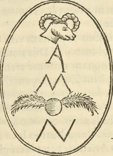 An illustration from Athanasii Kircheri e Soc. Iesu Obeliscus Pamphilius, hoc est, Interpretatio noua & hucusque intentata obelisci hieroglyphici quem non ita pridem ex veteri hippodromo Antonini Caracallae Caesaris, in agonale forum transtulit, integritati restituit & in Vbis Aeternae ornamentum erexit Innocentius X. Pont. Max. : in quo post varia Aegyptiacae, Chaldaicae, Hebraicae, Graecanicae antiquitatis doctrinaeque qua sacrae, qua profanae monumenta, veterum tandem theologia, hieroglyphicis inuoluta symbolis, detecta e tenebris in lucem asseritur, 1650, leaf 348