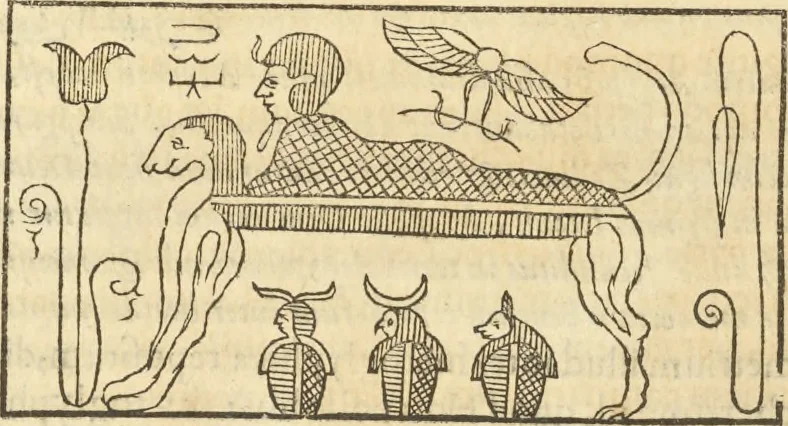 An illustration from Athanasii Kircheri e Soc. Iesu Obeliscus Pamphilius, hoc est, Interpretatio noua & hucusque intentata obelisci hieroglyphici quem non ita pridem ex veteri hippodromo Antonini Caracallae Caesaris, in agonale forum transtulit, integritati restituit & in Vbis Aeternae ornamentum erexit Innocentius X. Pont. Max. : in quo post varia Aegyptiacae, Chaldaicae, Hebraicae, Graecanicae antiquitatis doctrinaeque qua sacrae, qua profanae monumenta, veterum tandem theologia, hieroglyphicis inuoluta symbolis, detecta e tenebris in lucem asseritur, 1650, leaf 359