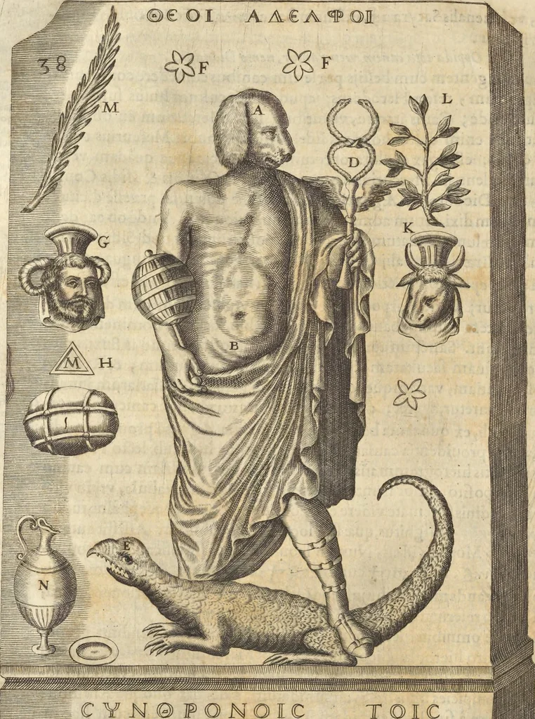An illustration from Athanasii Kircheri e Soc. Iesu Obeliscus Pamphilius, hoc est, Interpretatio noua & hucusque intentata obelisci hieroglyphici quem non ita pridem ex veteri hippodromo Antonini Caracallae Caesaris, in agonale forum transtulit, integritati restituit & in Vbis Aeternae ornamentum erexit Innocentius X. Pont. Max. : in quo post varia Aegyptiacae, Chaldaicae, Hebraicae, Graecanicae antiquitatis doctrinaeque qua sacrae, qua profanae monumenta, veterum tandem theologia, hieroglyphicis inuoluta symbolis, detecta e tenebris in lucem asseritur, 1650, leaf 369