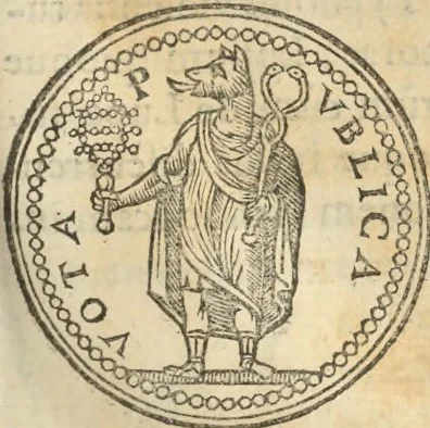 An illustration from Athanasii Kircheri e Soc. Iesu Obeliscus Pamphilius, hoc est, Interpretatio noua & hucusque intentata obelisci hieroglyphici quem non ita pridem ex veteri hippodromo Antonini Caracallae Caesaris, in agonale forum transtulit, integritati restituit & in Vbis Aeternae ornamentum erexit Innocentius X. Pont. Max. : in quo post varia Aegyptiacae, Chaldaicae, Hebraicae, Graecanicae antiquitatis doctrinaeque qua sacrae, qua profanae monumenta, veterum tandem theologia, hieroglyphicis inuoluta symbolis, detecta e tenebris in lucem asseritur, 1650, leaf 370