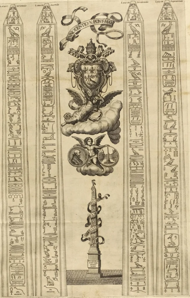 An illustration from Athanasii Kircheri e Soc. Iesu Obeliscus Pamphilius, hoc est, Interpretatio noua & hucusque intentata obelisci hieroglyphici quem non ita pridem ex veteri hippodromo Antonini Caracallae Caesaris, in agonale forum transtulit, integritati restituit & in Vbis Aeternae ornamentum erexit Innocentius X. Pont. Max. : in quo post varia Aegyptiacae, Chaldaicae, Hebraicae, Graecanicae antiquitatis doctrinaeque qua sacrae, qua profanae monumenta, veterum tandem theologia, hieroglyphicis inuoluta symbolis, detecta e tenebris in lucem asseritur, 1650, leaf 38