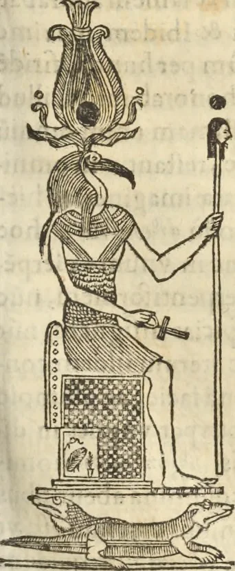 An illustration from Athanasii Kircheri e Soc. Iesu Obeliscus Pamphilius, hoc est, Interpretatio noua & hucusque intentata obelisci hieroglyphici quem non ita pridem ex veteri hippodromo Antonini Caracallae Caesaris, in agonale forum transtulit, integritati restituit & in Vbis Aeternae ornamentum erexit Innocentius X. Pont. Max. : in quo post varia Aegyptiacae, Chaldaicae, Hebraicae, Graecanicae antiquitatis doctrinaeque qua sacrae, qua profanae monumenta, veterum tandem theologia, hieroglyphicis inuoluta symbolis, detecta e tenebris in lucem asseritur, 1650, leaf 382