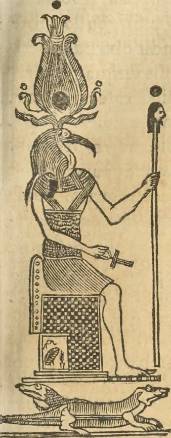 An illustration from Athanasii Kircheri e Soc. Iesu Obeliscus Pamphilius, hoc est, Interpretatio noua & hucusque intentata obelisci hieroglyphici quem non ita pridem ex veteri hippodromo Antonini Caracallae Caesaris, in agonale forum transtulit, integritati restituit & in Vbis Aeternae ornamentum erexit Innocentius X. Pont. Max. : in quo post varia Aegyptiacae, Chaldaicae, Hebraicae, Graecanicae antiquitatis doctrinaeque qua sacrae, qua profanae monumenta, veterum tandem theologia, hieroglyphicis inuoluta symbolis, detecta e tenebris in lucem asseritur, 1650, leaf 402