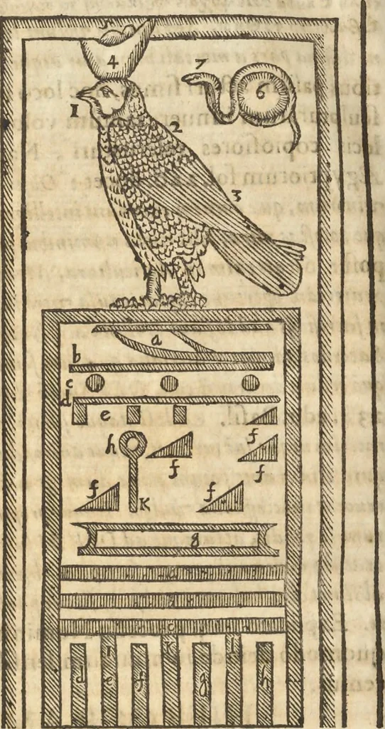 An illustration from Athanasii Kircheri e Soc. Iesu Obeliscus Pamphilius, hoc est, Interpretatio noua & hucusque intentata obelisci hieroglyphici quem non ita pridem ex veteri hippodromo Antonini Caracallae Caesaris, in agonale forum transtulit, integritati restituit & in Vbis Aeternae ornamentum erexit Innocentius X. Pont. Max. : in quo post varia Aegyptiacae, Chaldaicae, Hebraicae, Graecanicae antiquitatis doctrinaeque qua sacrae, qua profanae monumenta, veterum tandem theologia, hieroglyphicis inuoluta symbolis, detecta e tenebris in lucem asseritur, 1650, leaf 491