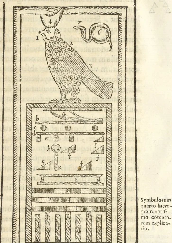 An illustration from Athanasii Kircheri e Soc. Iesu Obeliscus Pamphilius, hoc est, Interpretatio noua & hucusque intentata obelisci hieroglyphici quem non ita pridem ex veteri hippodromo Antonini Caracallae Caesaris, in agonale forum transtulit, integritati restituit & in Vbis Aeternae ornamentum erexit Innocentius X. Pont. Max. : in quo post varia Aegyptiacae, Chaldaicae, Hebraicae, Graecanicae antiquitatis doctrinaeque qua sacrae, qua profanae monumenta, veterum tandem theologia, hieroglyphicis inuoluta symbolis, detecta e tenebris in lucem asseritur, 1650, leaf 494