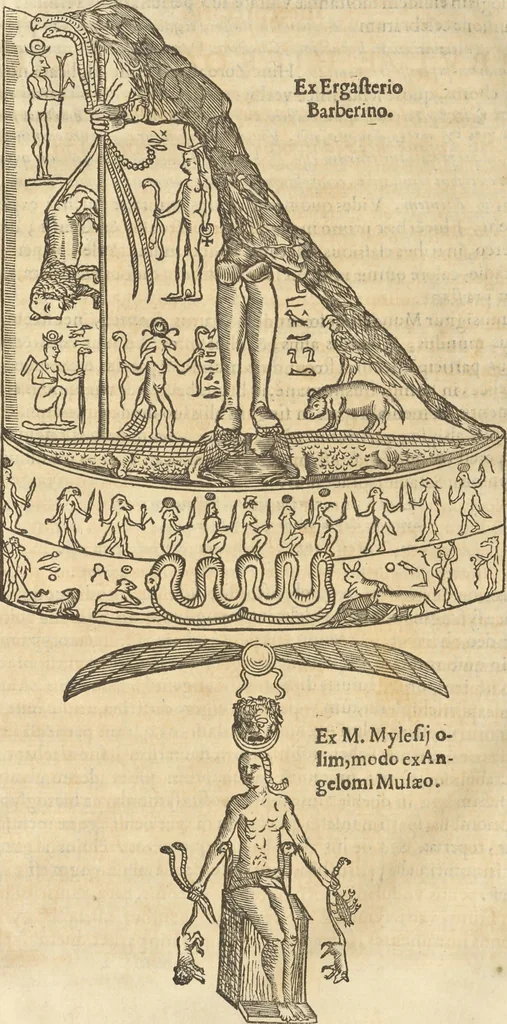An illustration from Athanasii Kircheri e Soc. Iesu Obeliscus Pamphilius, hoc est, Interpretatio noua & hucusque intentata obelisci hieroglyphici quem non ita pridem ex veteri hippodromo Antonini Caracallae Caesaris, in agonale forum transtulit, integritati restituit & in Vbis Aeternae ornamentum erexit Innocentius X. Pont. Max. : in quo post varia Aegyptiacae, Chaldaicae, Hebraicae, Graecanicae antiquitatis doctrinaeque qua sacrae, qua profanae monumenta, veterum tandem theologia, hieroglyphicis inuoluta symbolis, detecta e tenebris in lucem asseritur, 1650, leaf 535