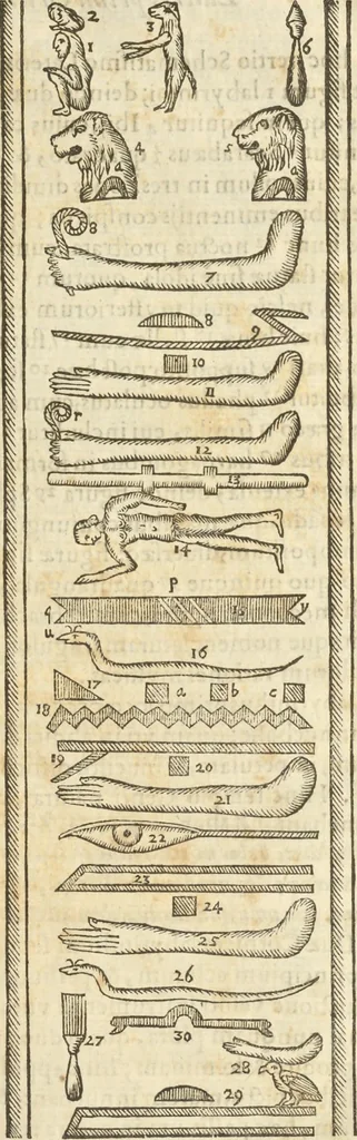 An illustration from Athanasii Kircheri e Soc. Iesu Obeliscus Pamphilius, hoc est, Interpretatio noua & hucusque intentata obelisci hieroglyphici quem non ita pridem ex veteri hippodromo Antonini Caracallae Caesaris, in agonale forum transtulit, integritati restituit & in Vbis Aeternae ornamentum erexit Innocentius X. Pont. Max. : in quo post varia Aegyptiacae, Chaldaicae, Hebraicae, Graecanicae antiquitatis doctrinaeque qua sacrae, qua profanae monumenta, veterum tandem theologia, hieroglyphicis inuoluta symbolis, detecta e tenebris in lucem asseritur, 1650, leaf 548