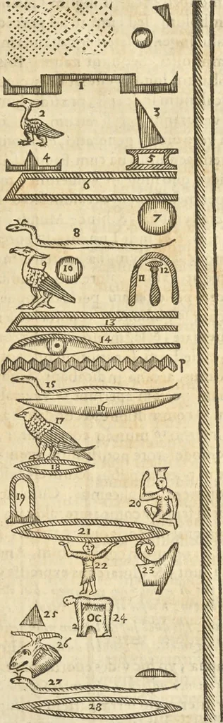 An illustration from Athanasii Kircheri e Soc. Iesu Obeliscus Pamphilius, hoc est, Interpretatio noua & hucusque intentata obelisci hieroglyphici quem non ita pridem ex veteri hippodromo Antonini Caracallae Caesaris, in agonale forum transtulit, integritati restituit & in Vbis Aeternae ornamentum erexit Innocentius X. Pont. Max. : in quo post varia Aegyptiacae, Chaldaicae, Hebraicae, Graecanicae antiquitatis doctrinaeque qua sacrae, qua profanae monumenta, veterum tandem theologia, hieroglyphicis inuoluta symbolis, detecta e tenebris in lucem asseritur, 1650, leaf 562