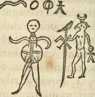 An illustration from Athanasii Kircheri e Soc. Iesu Obeliscus Pamphilius, hoc est, Interpretatio noua & hucusque intentata obelisci hieroglyphici quem non ita pridem ex veteri hippodromo Antonini Caracallae Caesaris, in agonale forum transtulit, integritati restituit & in Vbis Aeternae ornamentum erexit Innocentius X. Pont. Max. : in quo post varia Aegyptiacae, Chaldaicae, Hebraicae, Graecanicae antiquitatis doctrinaeque qua sacrae, qua profanae monumenta, veterum tandem theologia, hieroglyphicis inuoluta symbolis, detecta e tenebris in lucem asseritur, 1650, leaf 565