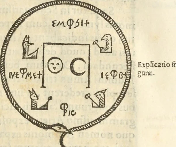 An illustration from Athanasii Kircheri e Soc. Iesu Obeliscus Pamphilius, hoc est, Interpretatio noua & hucusque intentata obelisci hieroglyphici quem non ita pridem ex veteri hippodromo Antonini Caracallae Caesaris, in agonale forum transtulit, integritati restituit & in Vbis Aeternae ornamentum erexit Innocentius X. Pont. Max. : in quo post varia Aegyptiacae, Chaldaicae, Hebraicae, Graecanicae antiquitatis doctrinaeque qua sacrae, qua profanae monumenta, veterum tandem theologia, hieroglyphicis inuoluta symbolis, detecta e tenebris in lucem asseritur, 1650, leaf 566
