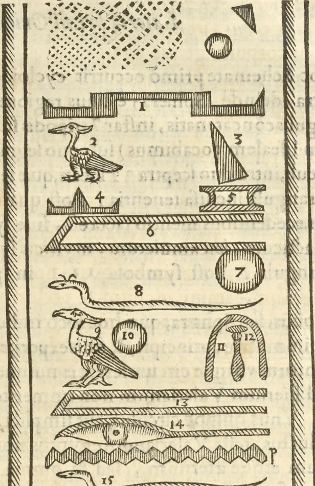An illustration from Athanasii Kircheri e Soc. Iesu Obeliscus Pamphilius, hoc est, Interpretatio noua & hucusque intentata obelisci hieroglyphici quem non ita pridem ex veteri hippodromo Antonini Caracallae Caesaris, in agonale forum transtulit, integritati restituit & in Vbis Aeternae ornamentum erexit Innocentius X. Pont. Max. : in quo post varia Aegyptiacae, Chaldaicae, Hebraicae, Graecanicae antiquitatis doctrinaeque qua sacrae, qua profanae monumenta, veterum tandem theologia, hieroglyphicis inuoluta symbolis, detecta e tenebris in lucem asseritur, 1650, leaf 568