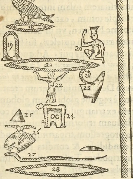 An illustration from Athanasii Kircheri e Soc. Iesu Obeliscus Pamphilius, hoc est, Interpretatio noua & hucusque intentata obelisci hieroglyphici quem non ita pridem ex veteri hippodromo Antonini Caracallae Caesaris, in agonale forum transtulit, integritati restituit & in Vbis Aeternae ornamentum erexit Innocentius X. Pont. Max. : in quo post varia Aegyptiacae, Chaldaicae, Hebraicae, Graecanicae antiquitatis doctrinaeque qua sacrae, qua profanae monumenta, veterum tandem theologia, hieroglyphicis inuoluta symbolis, detecta e tenebris in lucem asseritur, 1650, leaf 568