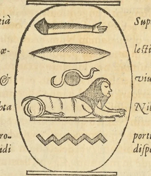 An illustration from Athanasii Kircheri e Soc. Iesu Obeliscus Pamphilius, hoc est, Interpretatio noua & hucusque intentata obelisci hieroglyphici quem non ita pridem ex veteri hippodromo Antonini Caracallae Caesaris, in agonale forum transtulit, integritati restituit & in Vbis Aeternae ornamentum erexit Innocentius X. Pont. Max. : in quo post varia Aegyptiacae, Chaldaicae, Hebraicae, Graecanicae antiquitatis doctrinaeque qua sacrae, qua profanae monumenta, veterum tandem theologia, hieroglyphicis inuoluta symbolis, detecta e tenebris in lucem asseritur, 1650, leaf 580