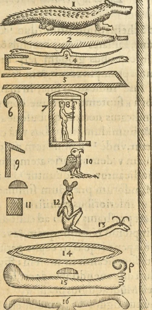 An illustration from Athanasii Kircheri e Soc. Iesu Obeliscus Pamphilius, hoc est, Interpretatio noua & hucusque intentata obelisci hieroglyphici quem non ita pridem ex veteri hippodromo Antonini Caracallae Caesaris, in agonale forum transtulit, integritati restituit & in Vbis Aeternae ornamentum erexit Innocentius X. Pont. Max. : in quo post varia Aegyptiacae, Chaldaicae, Hebraicae, Graecanicae antiquitatis doctrinaeque qua sacrae, qua profanae monumenta, veterum tandem theologia, hieroglyphicis inuoluta symbolis, detecta e tenebris in lucem asseritur, 1650, leaf 584