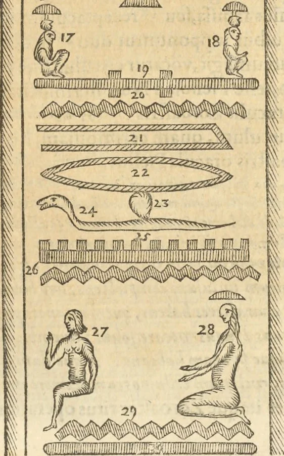 An illustration from Athanasii Kircheri e Soc. Iesu Obeliscus Pamphilius, hoc est, Interpretatio noua & hucusque intentata obelisci hieroglyphici quem non ita pridem ex veteri hippodromo Antonini Caracallae Caesaris, in agonale forum transtulit, integritati restituit & in Vbis Aeternae ornamentum erexit Innocentius X. Pont. Max. : in quo post varia Aegyptiacae, Chaldaicae, Hebraicae, Graecanicae antiquitatis doctrinaeque qua sacrae, qua profanae monumenta, veterum tandem theologia, hieroglyphicis inuoluta symbolis, detecta e tenebris in lucem asseritur, 1650, leaf 584