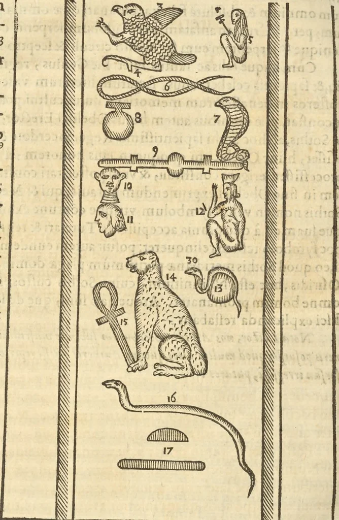 An illustration from Athanasii Kircheri e Soc. Iesu Obeliscus Pamphilius, hoc est, Interpretatio noua & hucusque intentata obelisci hieroglyphici quem non ita pridem ex veteri hippodromo Antonini Caracallae Caesaris, in agonale forum transtulit, integritati restituit & in Vbis Aeternae ornamentum erexit Innocentius X. Pont. Max. : in quo post varia Aegyptiacae, Chaldaicae, Hebraicae, Graecanicae antiquitatis doctrinaeque qua sacrae, qua profanae monumenta, veterum tandem theologia, hieroglyphicis inuoluta symbolis, detecta e tenebris in lucem asseritur, 1650, leaf 593