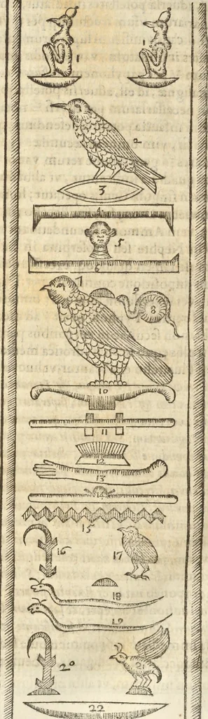 An illustration from Athanasii Kircheri e Soc. Iesu Obeliscus Pamphilius, hoc est, Interpretatio noua & hucusque intentata obelisci hieroglyphici quem non ita pridem ex veteri hippodromo Antonini Caracallae Caesaris, in agonale forum transtulit, integritati restituit & in Vbis Aeternae ornamentum erexit Innocentius X. Pont. Max. : in quo post varia Aegyptiacae, Chaldaicae, Hebraicae, Graecanicae antiquitatis doctrinaeque qua sacrae, qua profanae monumenta, veterum tandem theologia, hieroglyphicis inuoluta symbolis, detecta e tenebris in lucem asseritur, 1650, leaf 597