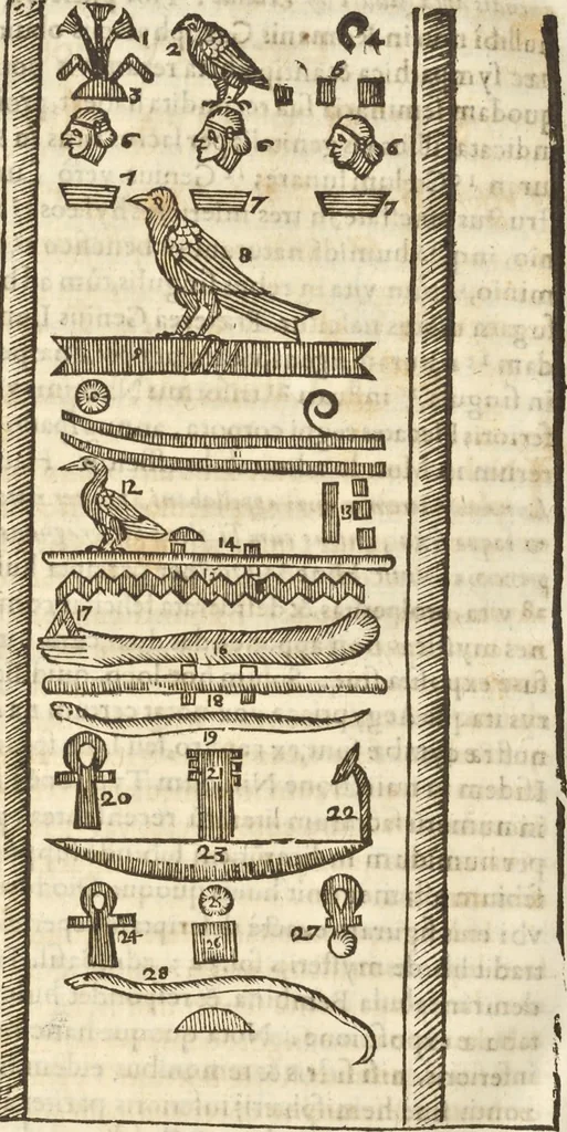 An illustration from Athanasii Kircheri e Soc. Iesu Obeliscus Pamphilius, hoc est, Interpretatio noua & hucusque intentata obelisci hieroglyphici quem non ita pridem ex veteri hippodromo Antonini Caracallae Caesaris, in agonale forum transtulit, integritati restituit & in Vbis Aeternae ornamentum erexit Innocentius X. Pont. Max. : in quo post varia Aegyptiacae, Chaldaicae, Hebraicae, Graecanicae antiquitatis doctrinaeque qua sacrae, qua profanae monumenta, veterum tandem theologia, hieroglyphicis inuoluta symbolis, detecta e tenebris in lucem asseritur, 1650, leaf 615