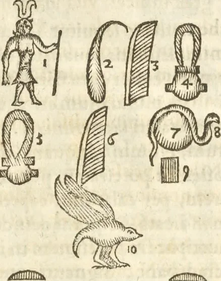 An illustration from Athanasii Kircheri e Soc. Iesu Obeliscus Pamphilius, hoc est, Interpretatio noua & hucusque intentata obelisci hieroglyphici quem non ita pridem ex veteri hippodromo Antonini Caracallae Caesaris, in agonale forum transtulit, integritati restituit & in Vbis Aeternae ornamentum erexit Innocentius X. Pont. Max. : in quo post varia Aegyptiacae, Chaldaicae, Hebraicae, Graecanicae antiquitatis doctrinaeque qua sacrae, qua profanae monumenta, veterum tandem theologia, hieroglyphicis inuoluta symbolis, detecta e tenebris in lucem asseritur, 1650, leaf 630