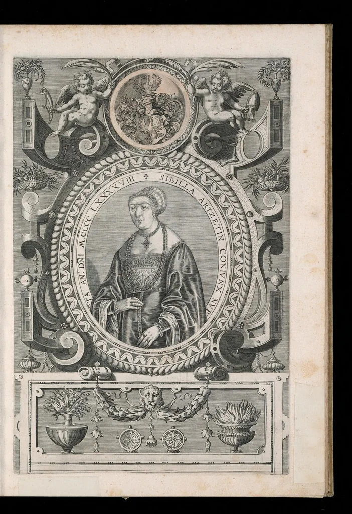 An illustration from Fuggerorum et Fuggerarum : quae in familia natae, quaèue in familiam transierunt, quot extant aere expressae imagines, 1618, leaf 18